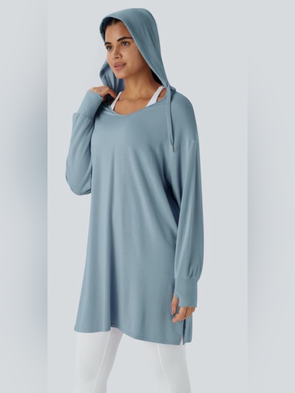 Halara Hooded V-Neck Drawstring
Longline Sweatshirt Tunic - Size M - Dusty Blue